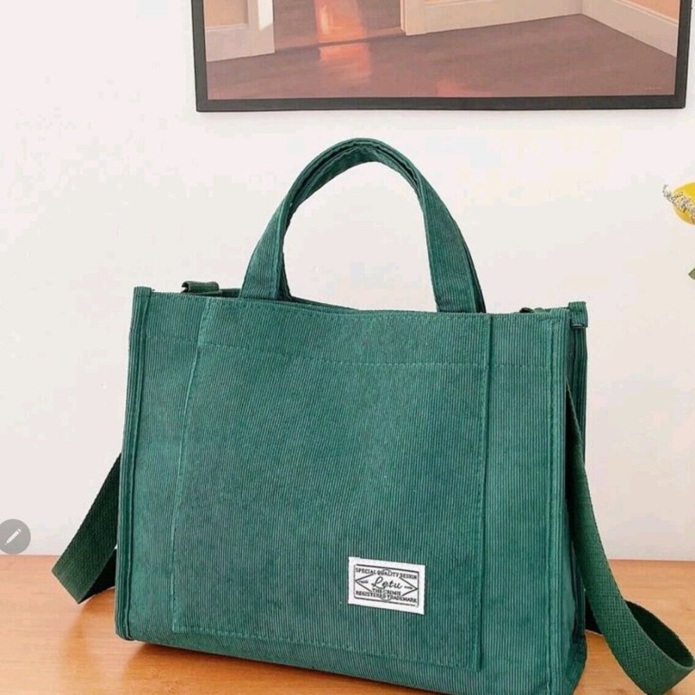 Woman's New Crossbody Corduroy/ Canvas Bag Green/Black adjustable strap
